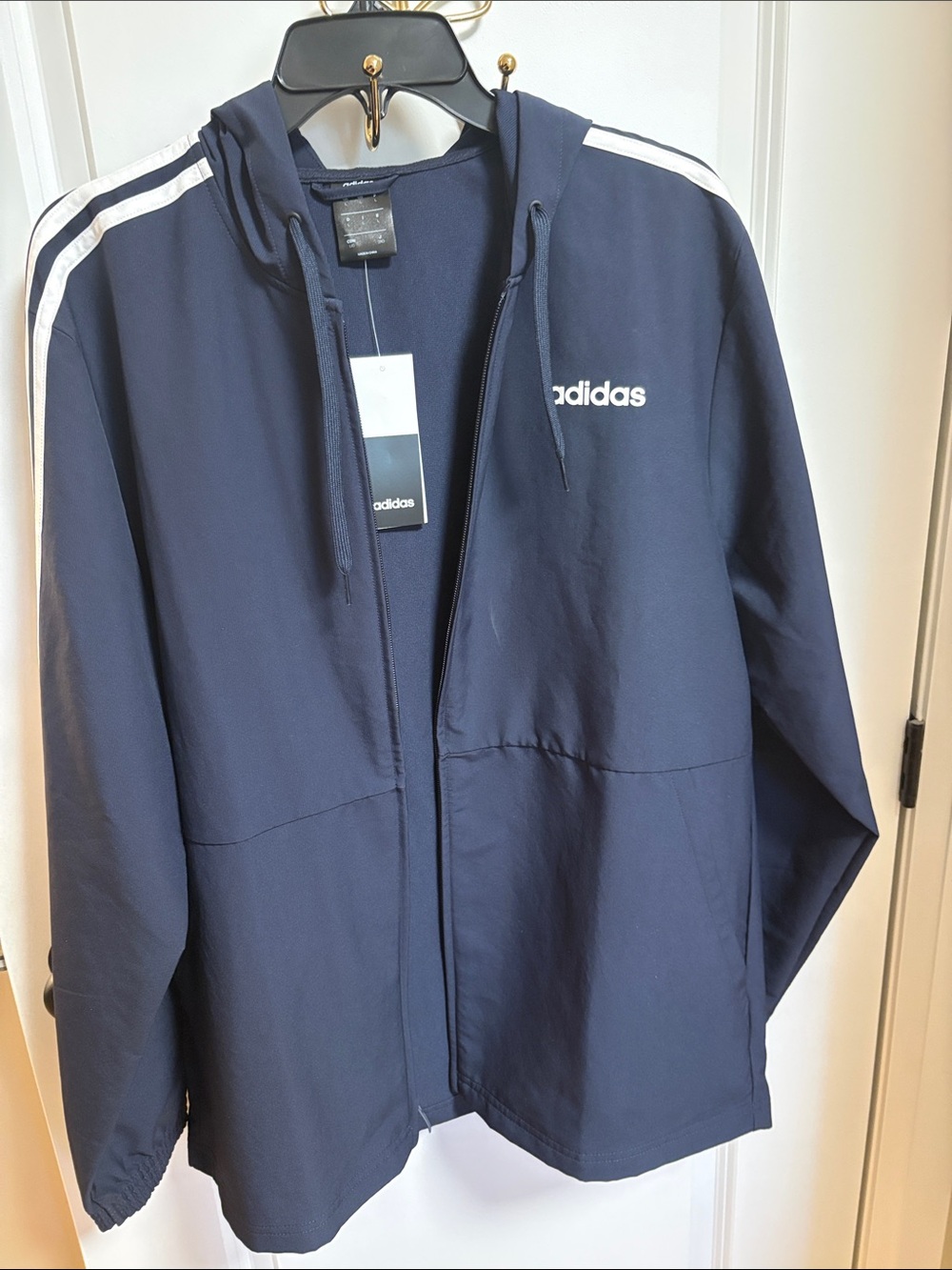 adidas Navy Blue Hooded Windbreaker with White Stripes